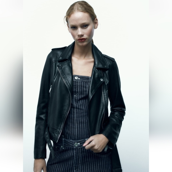 Zara Leather Moto Biker Jacket Genuine Leather Black Silver NWT
